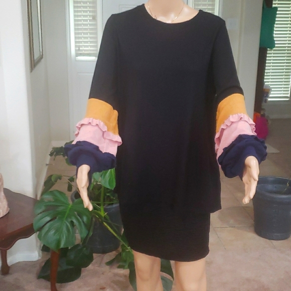 Hailey & Co. L ruffle colorblock puff sleeve scoopneck sweater long lines - Picture 1 of 8